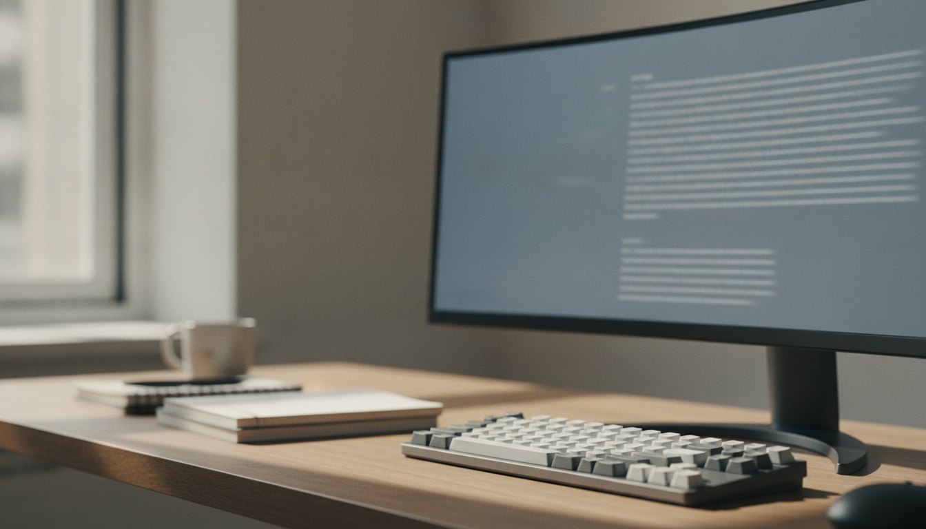 Jornalista digitando em um teclado de computador com uma tela exibindo um texto de reportagem.