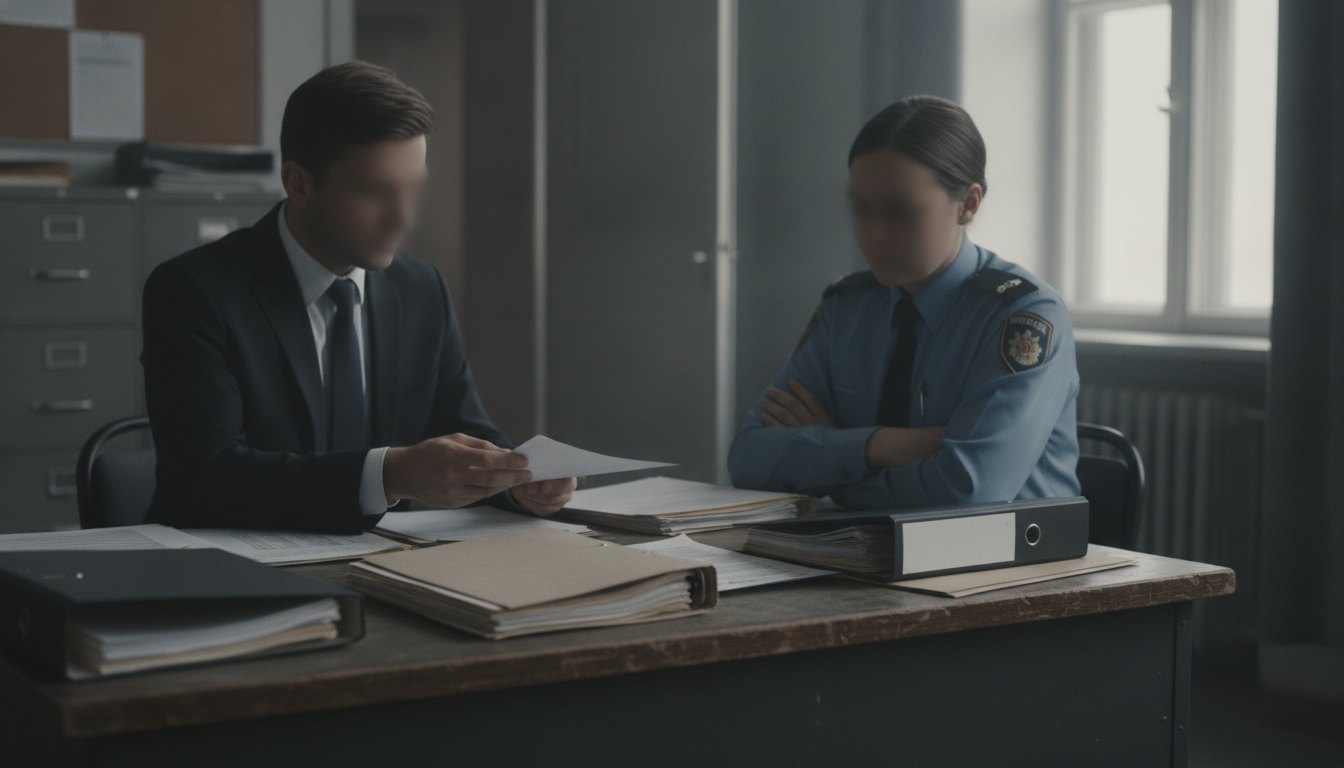 Homem de terno conversa com policial em uma mesa de delegacia com documentos espalhados