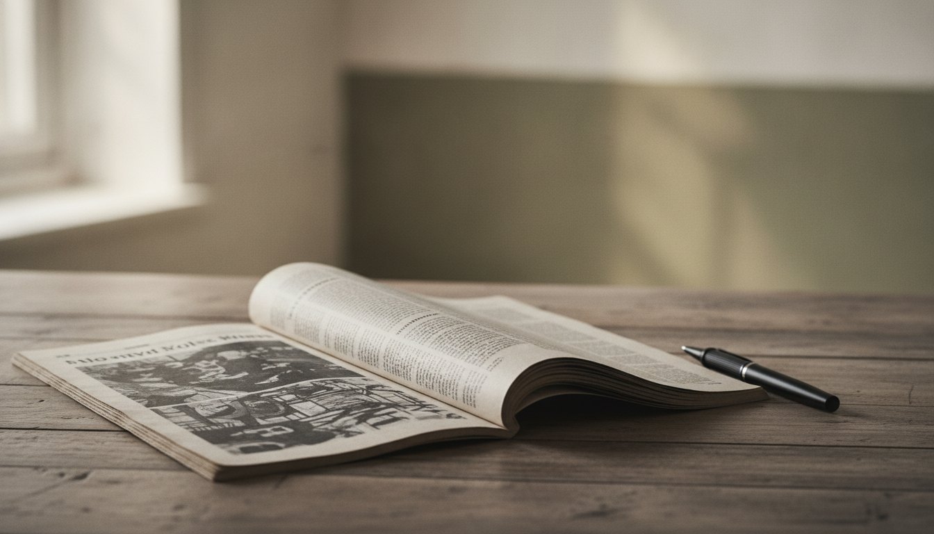 Jornal impresso aberto sobre uma mesa de madeira ao lado de uma caneta esferográfica preta.