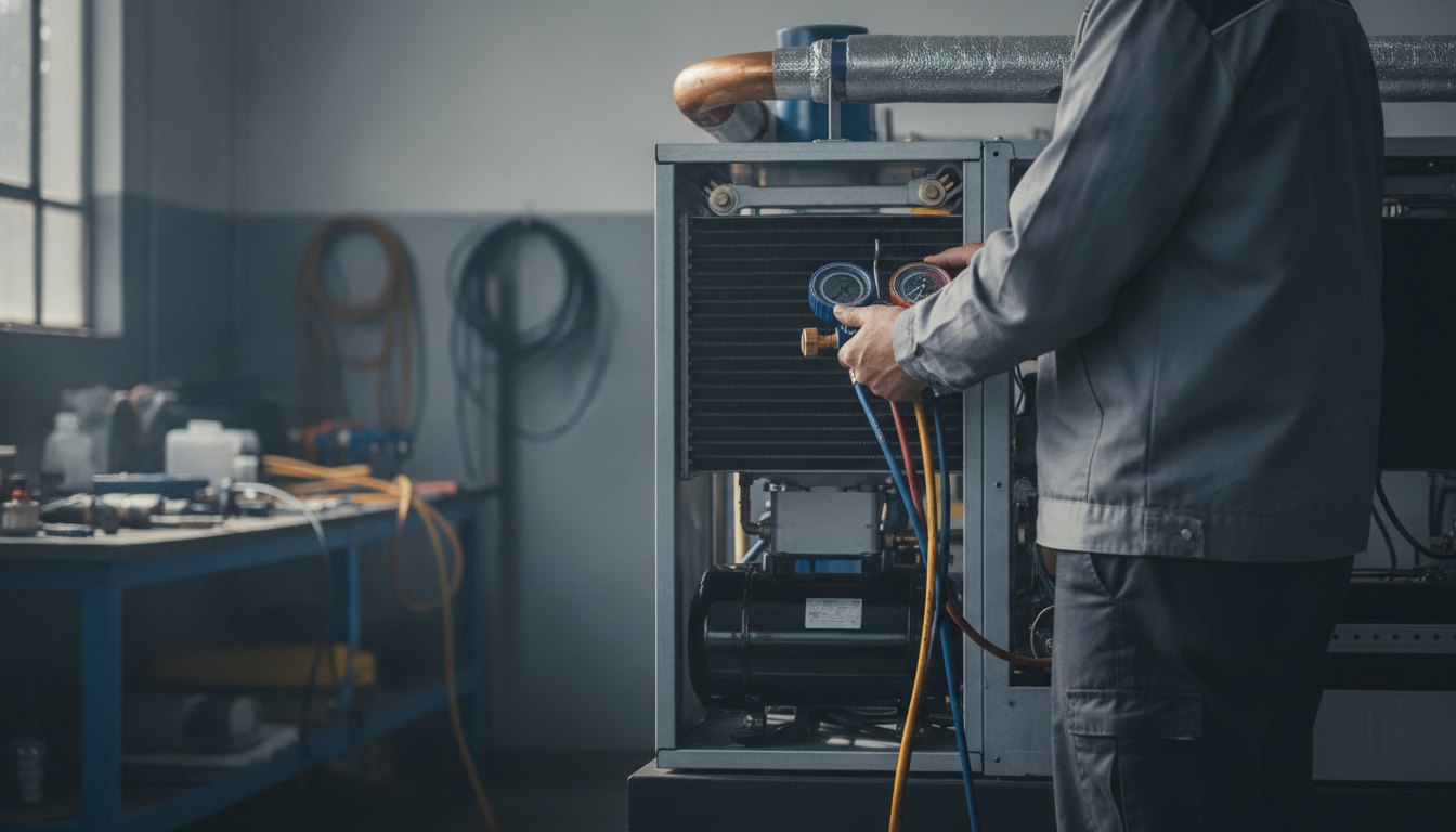 Técnico utilizando ferramentas de medição para verificar o sistema interno de um equipamento de refrigeração.