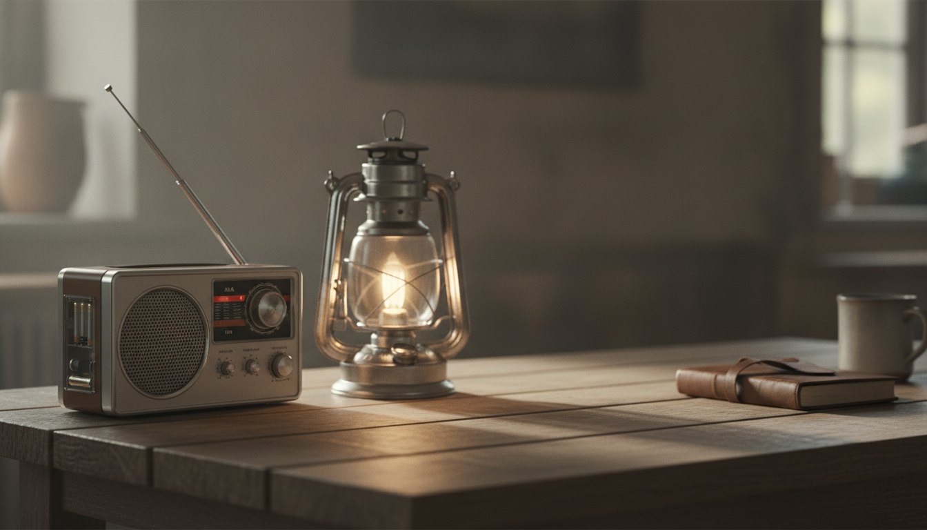 Aparelho de rádio a pilha sobre uma mesa de madeira ao lado de uma lanterna acesa.