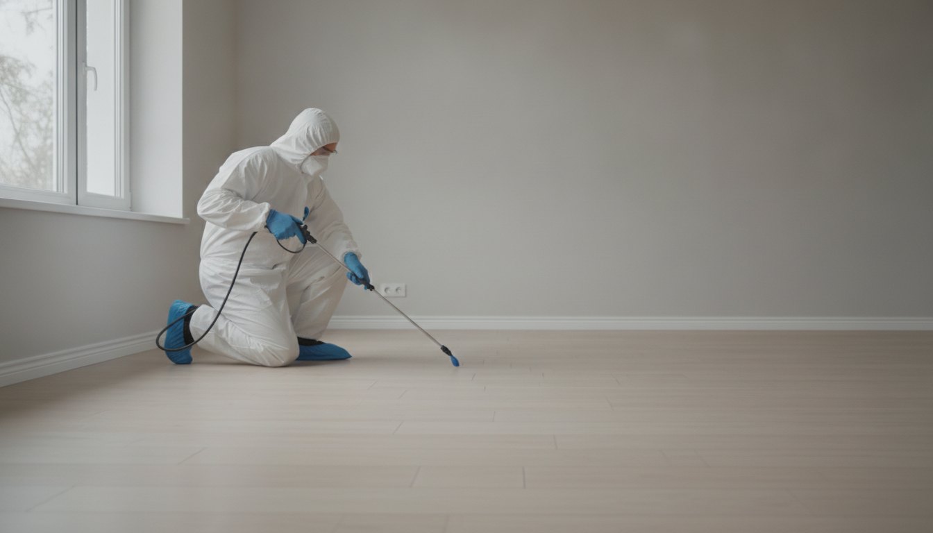 Profissional com equipamento de proteção aplicando produto sanitário no rodapé de uma sala vazia.