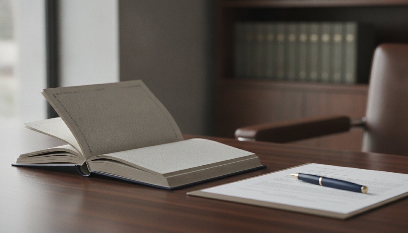 Carteira de trabalho aberta sobre uma mesa de escritório com documentos e uma caneta esferográfica.
