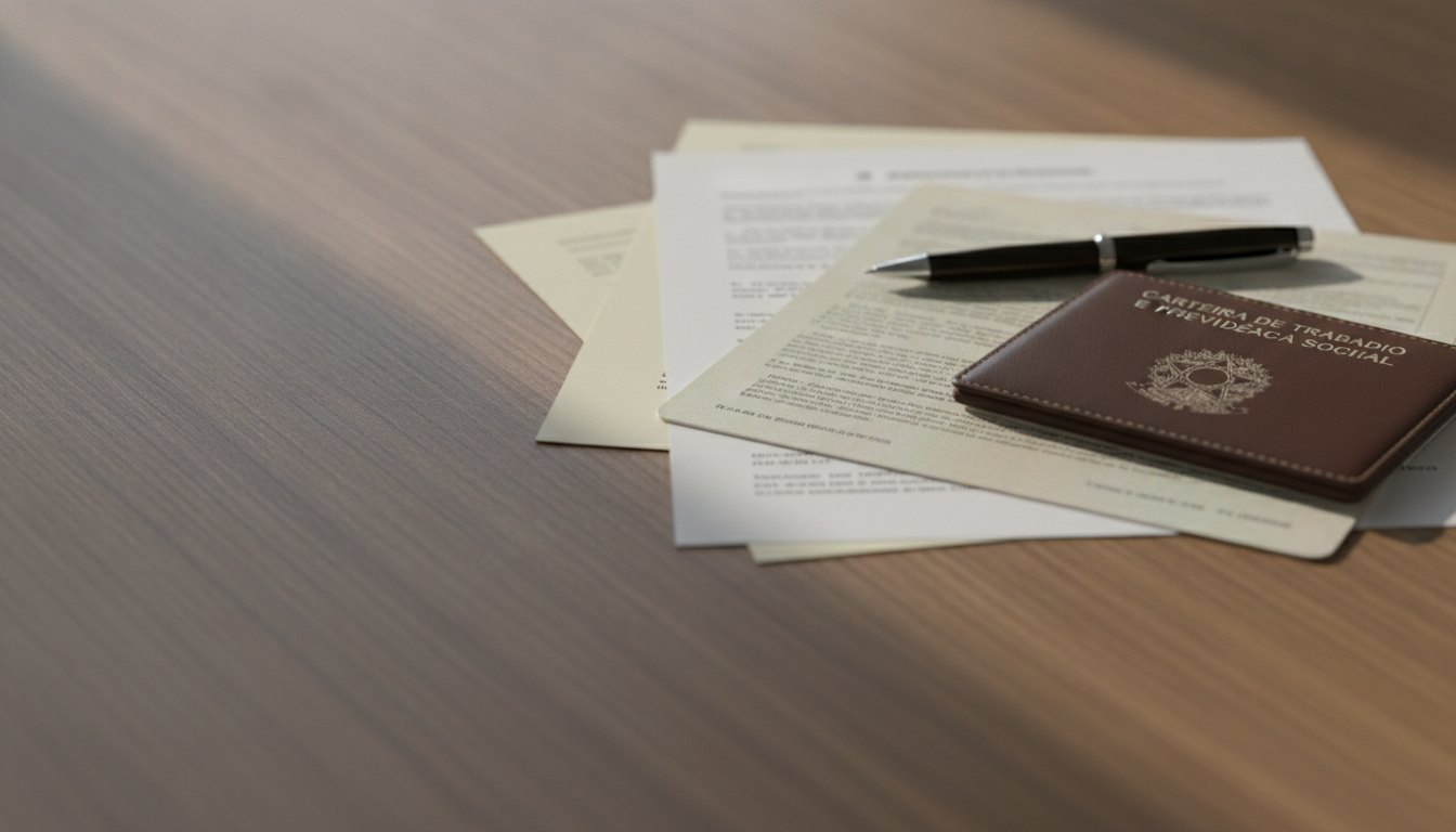 Documentos impressos, caneta e carteira de trabalho organizados sobre uma mesa de escritório em madeira.