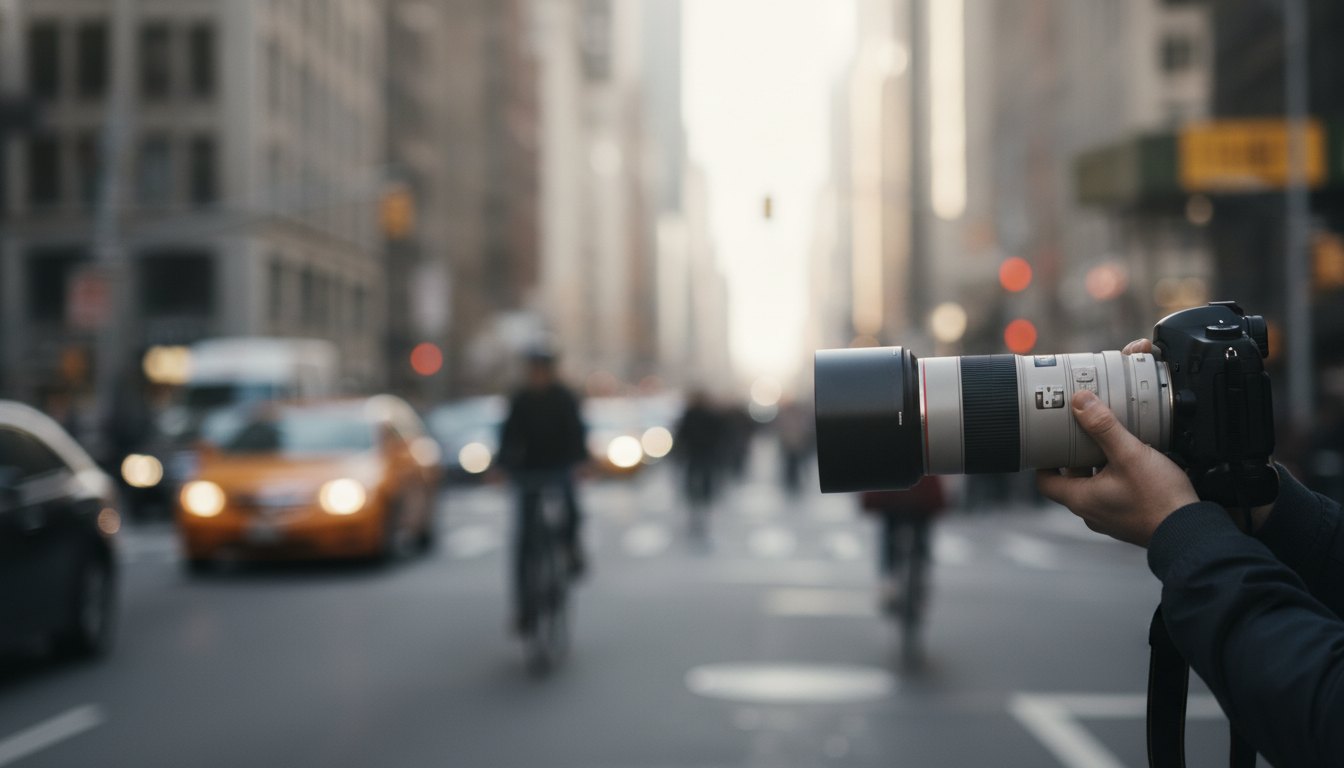 Profissional segura câmera fotográfica com lente longa em meio a uma rua movimentada.