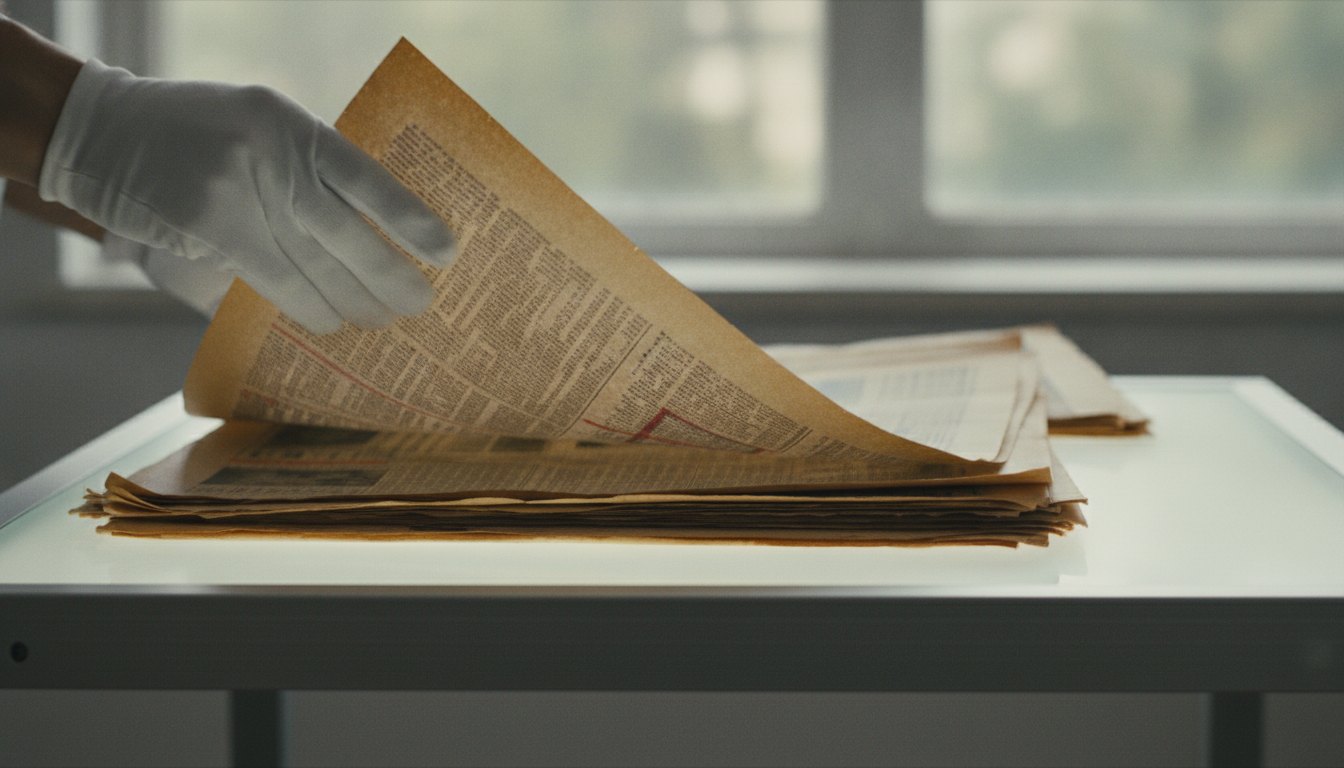 Profissional com luvas brancas manuseia páginas amareladas de jornal antigo sobre uma mesa de luz.