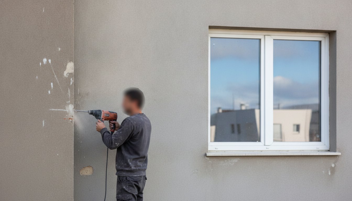 Operário perfurando a parede externa de um edifício próximo a uma janela para instalar ganchos.