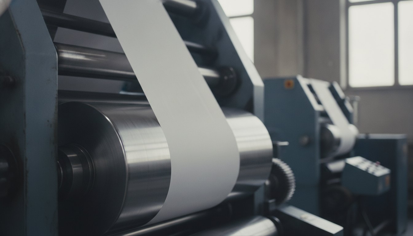 Bobina de papel contínua passando pelos cilindros metálicos de uma grande máquina rotativa industrial.