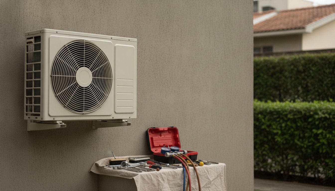 Unidade condensadora de ar-condicionado fixada em parede externa com ferramentas de reparo próximas.
