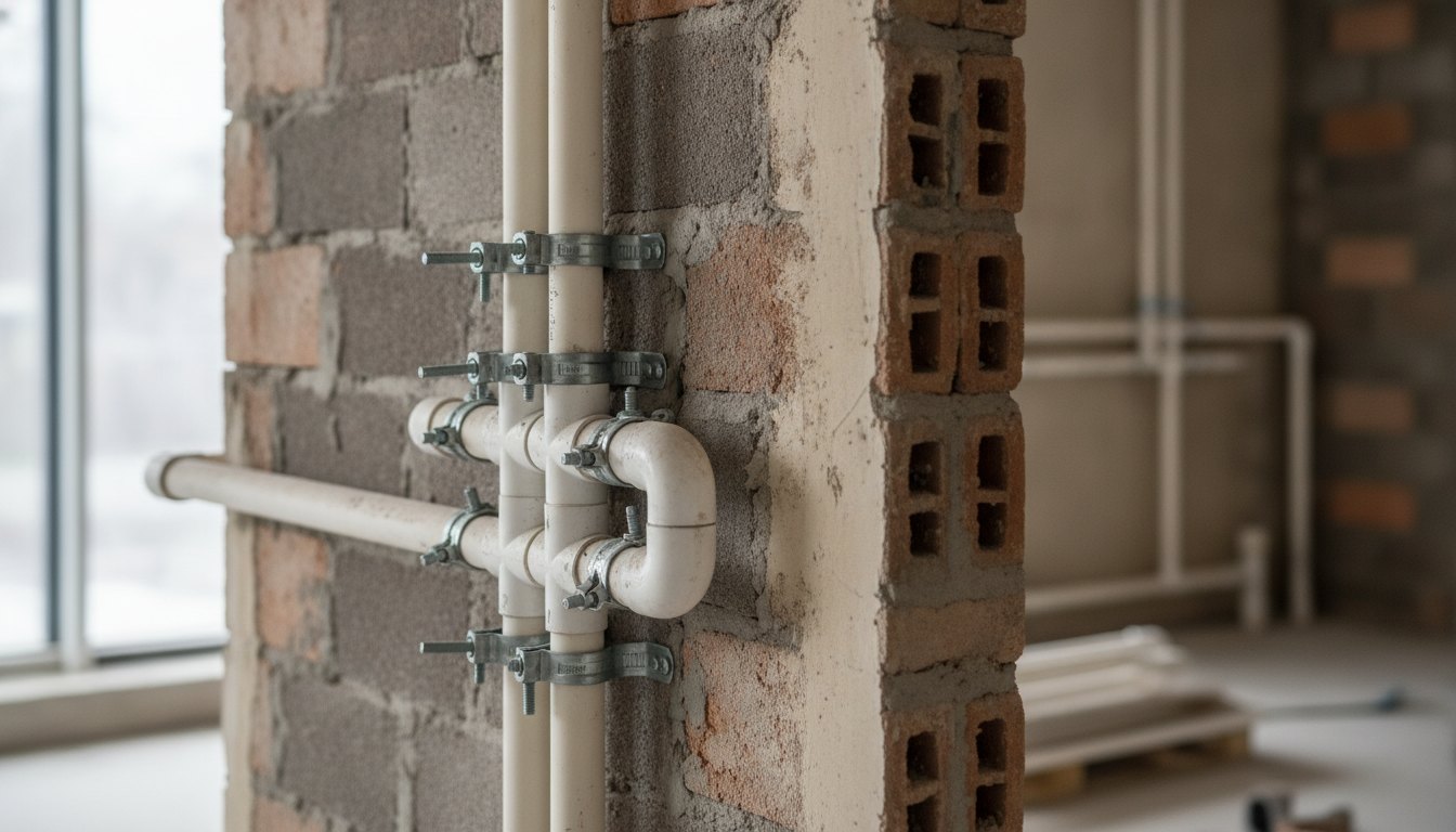 Tubulação de PVC aparente em parede de alvenaria com braçadeiras de fixação metálicas.