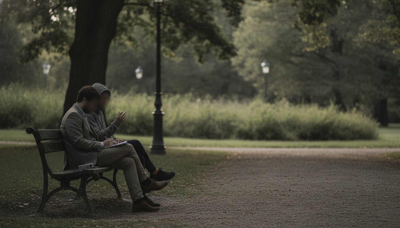 Repórter e informante conversam sentados em um banco de praça com pouca iluminação e rostos desfocados.