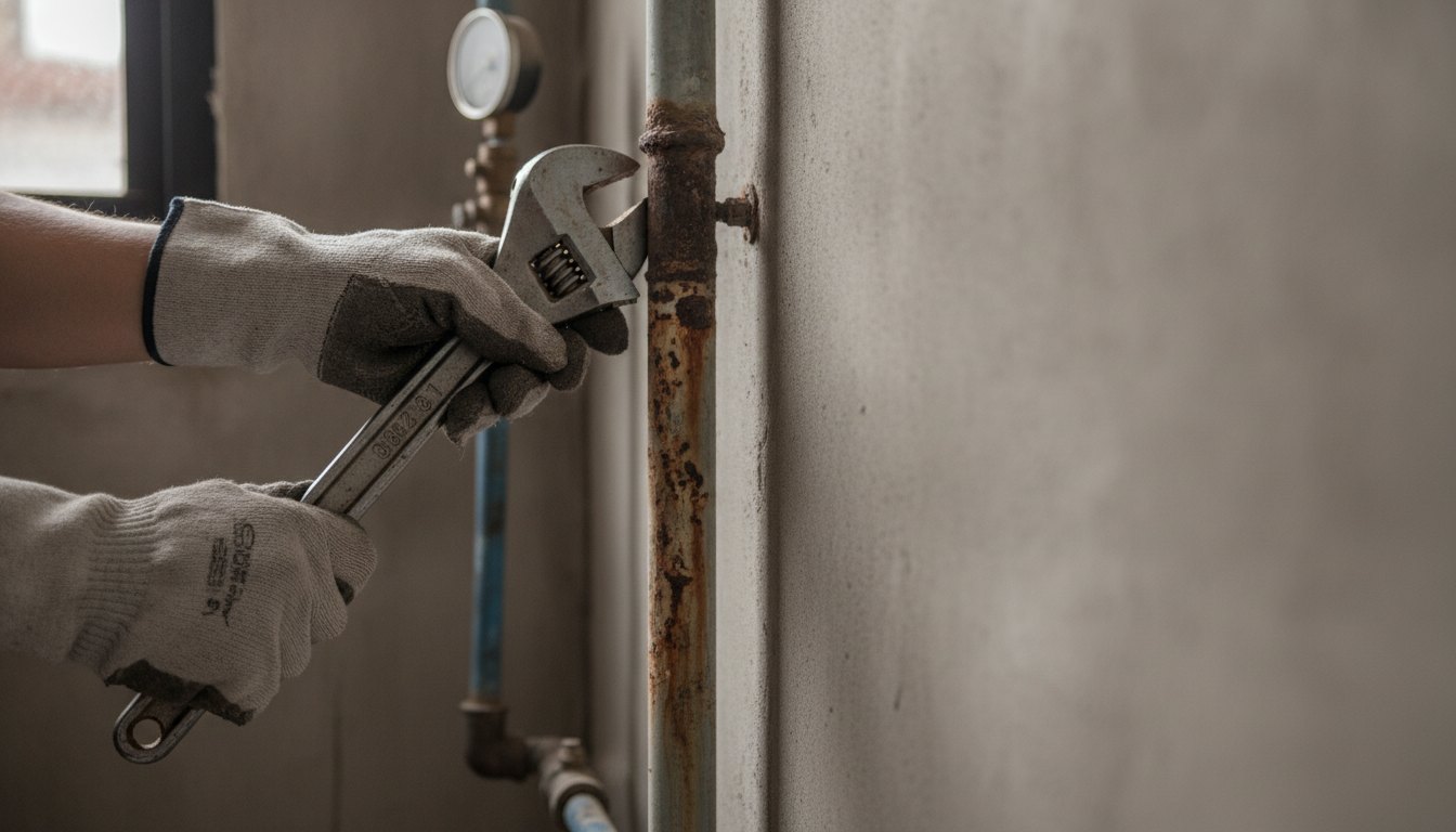 Profissional com luvas ajustando uma chave de grifo em um cano metálico enferrujado na parede.