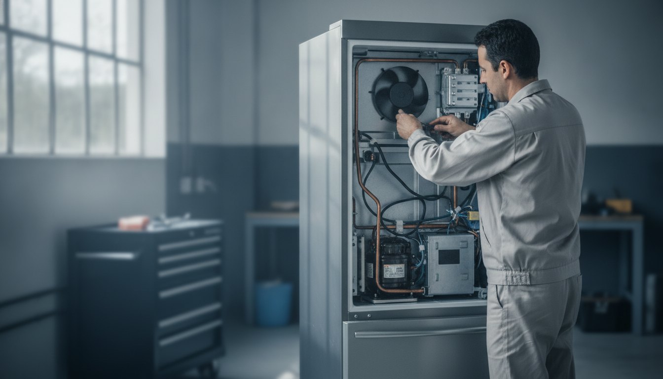 Técnico uniformizado ajustando as peças internas da parte traseira de um refrigerador doméstico de inox.