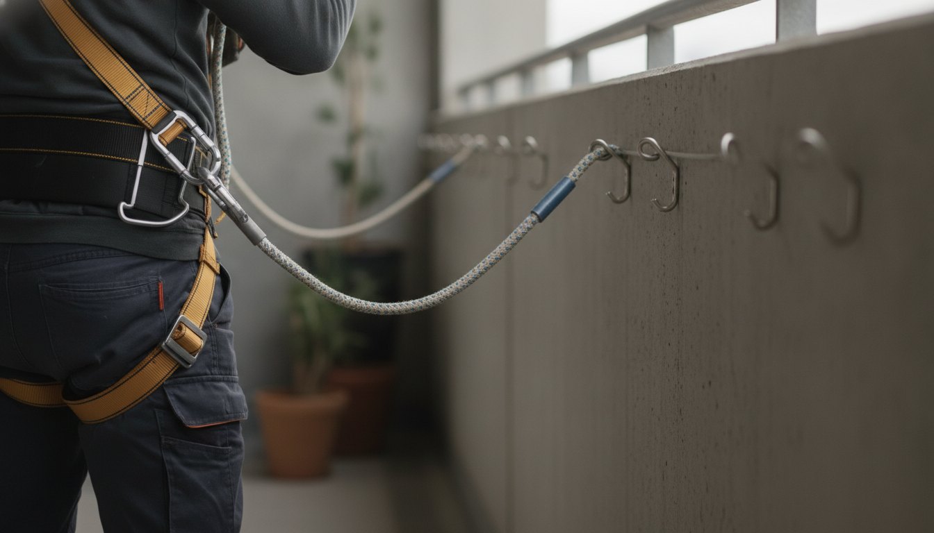 Instalador com equipamento de segurança fixando cordão perimetral em ganchos metálicos na parede de uma varanda.
