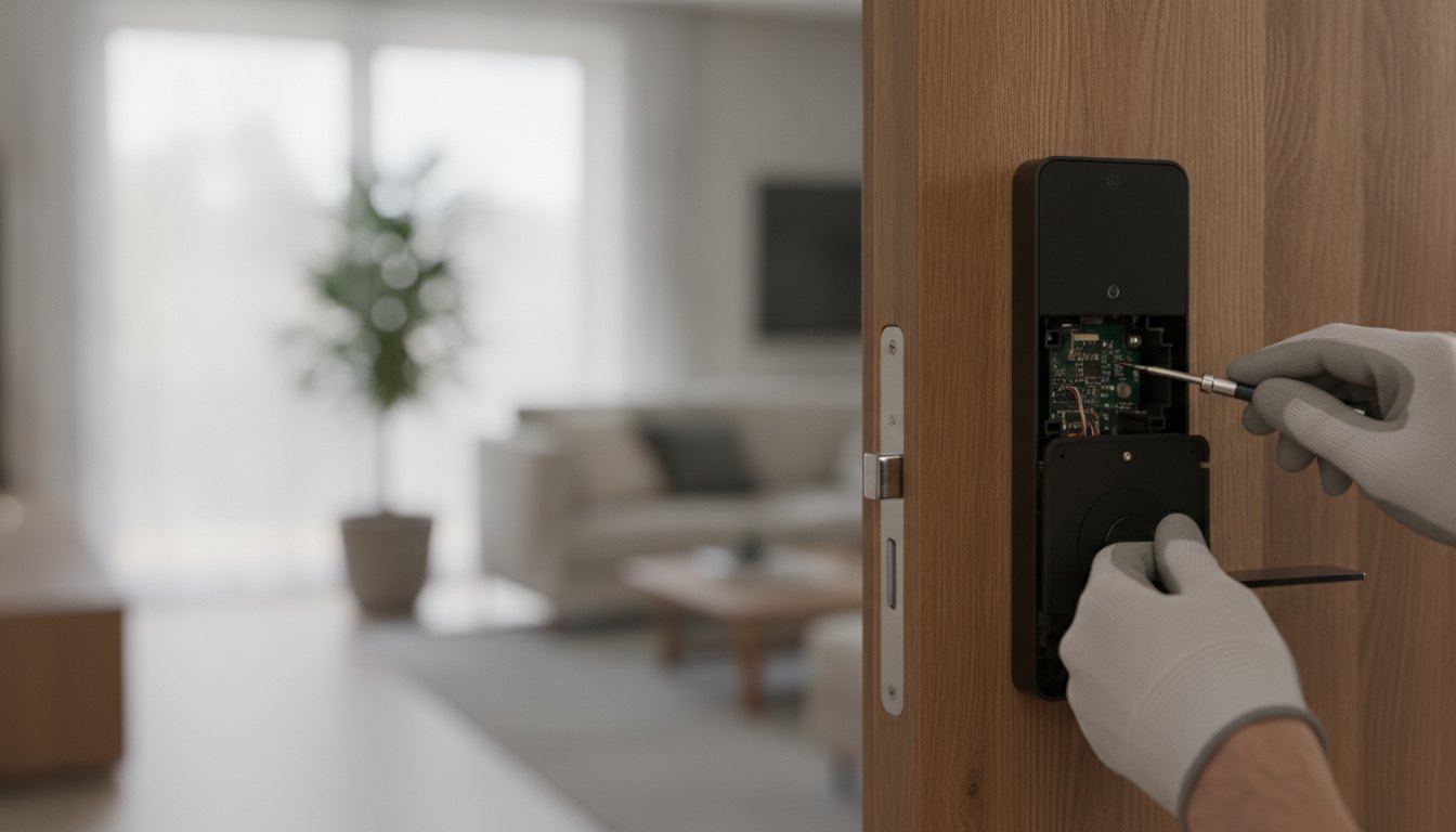 Profissional ajustando o painel de uma fechadura eletrônica preta instalada em uma porta de madeira.