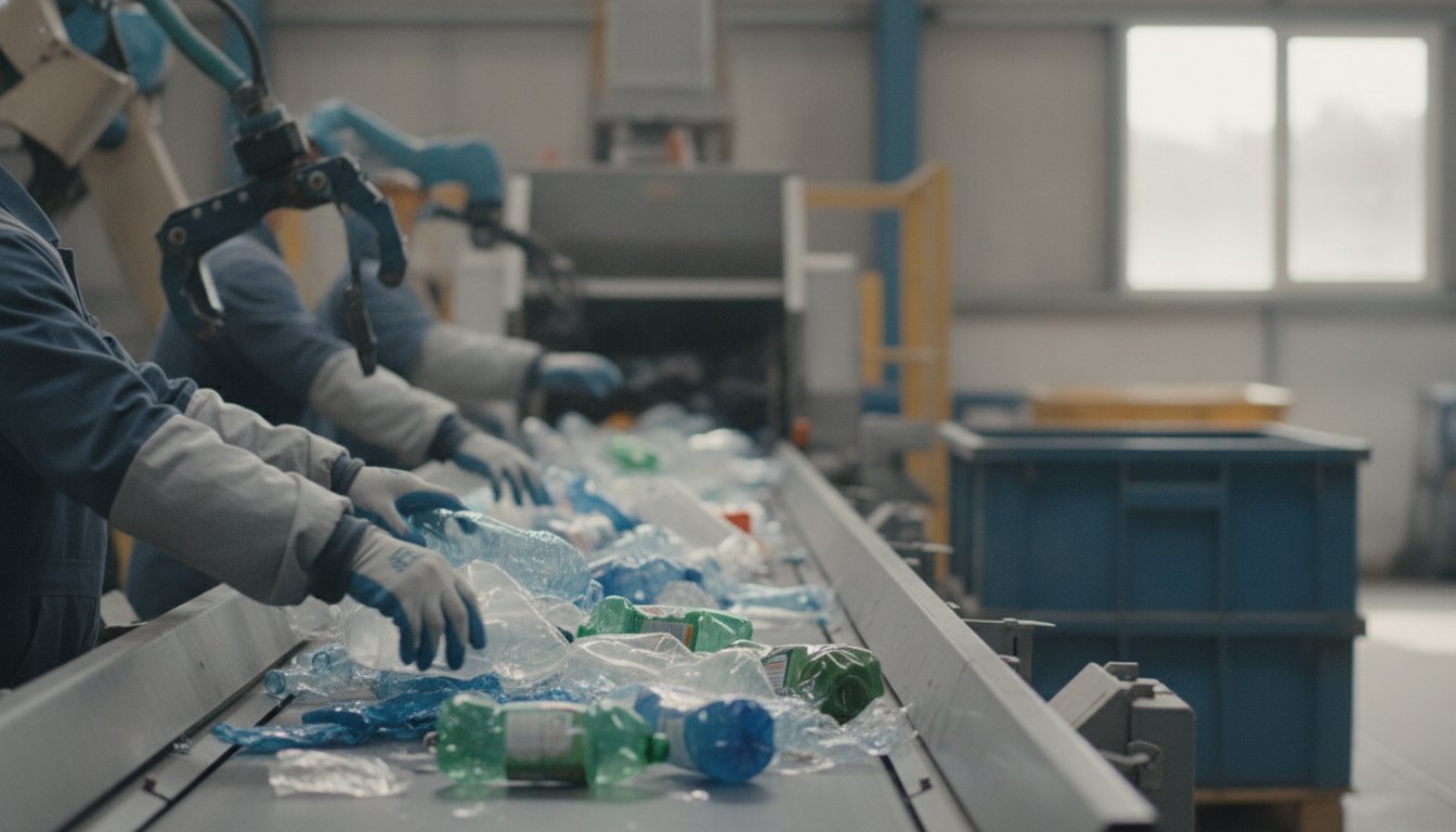 Trabalhadores com luvas e equipamentos de proteção separando embalagens plásticas em uma esteira rolante.