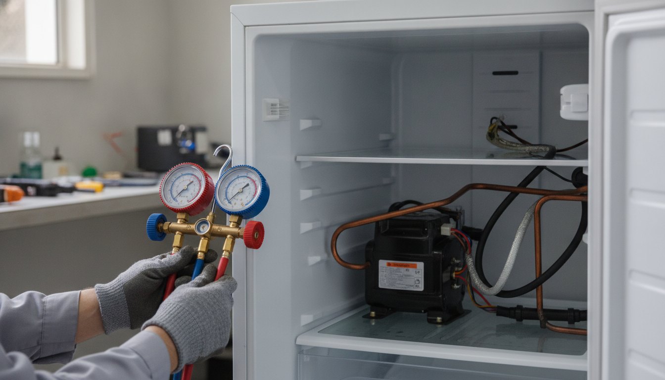 Técnico de refrigeração utilizando manômetro para medir a pressão do gás em uma geladeira doméstica.