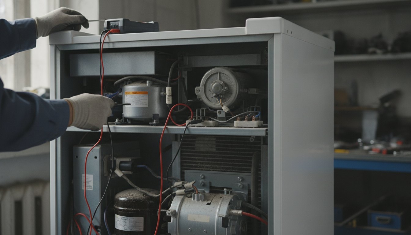 Técnico examina o motor na parte traseira de uma geladeira com um multímetro digital.