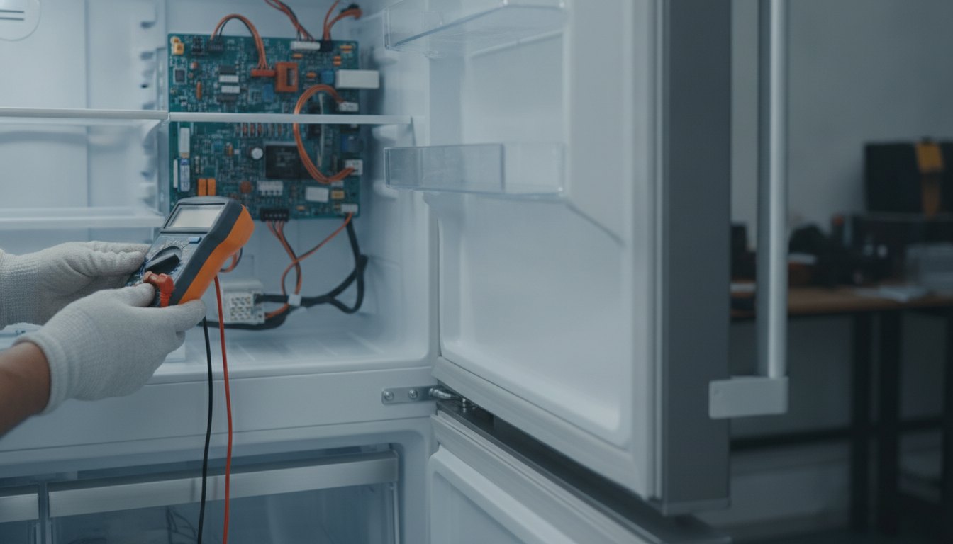 Técnico inspeciona o painel de controle interno de uma geladeira com um multímetro.