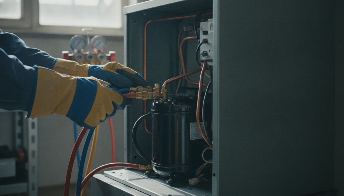 Técnico com luvas conectando mangueiras de manifold ao motor de uma geladeira residencial.
